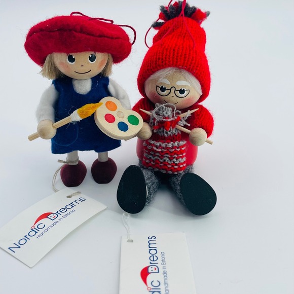 Nordic Dreams Handmade Estonian Wood Dolls Artist & Knitter Ornaments - Picture 1 of 7